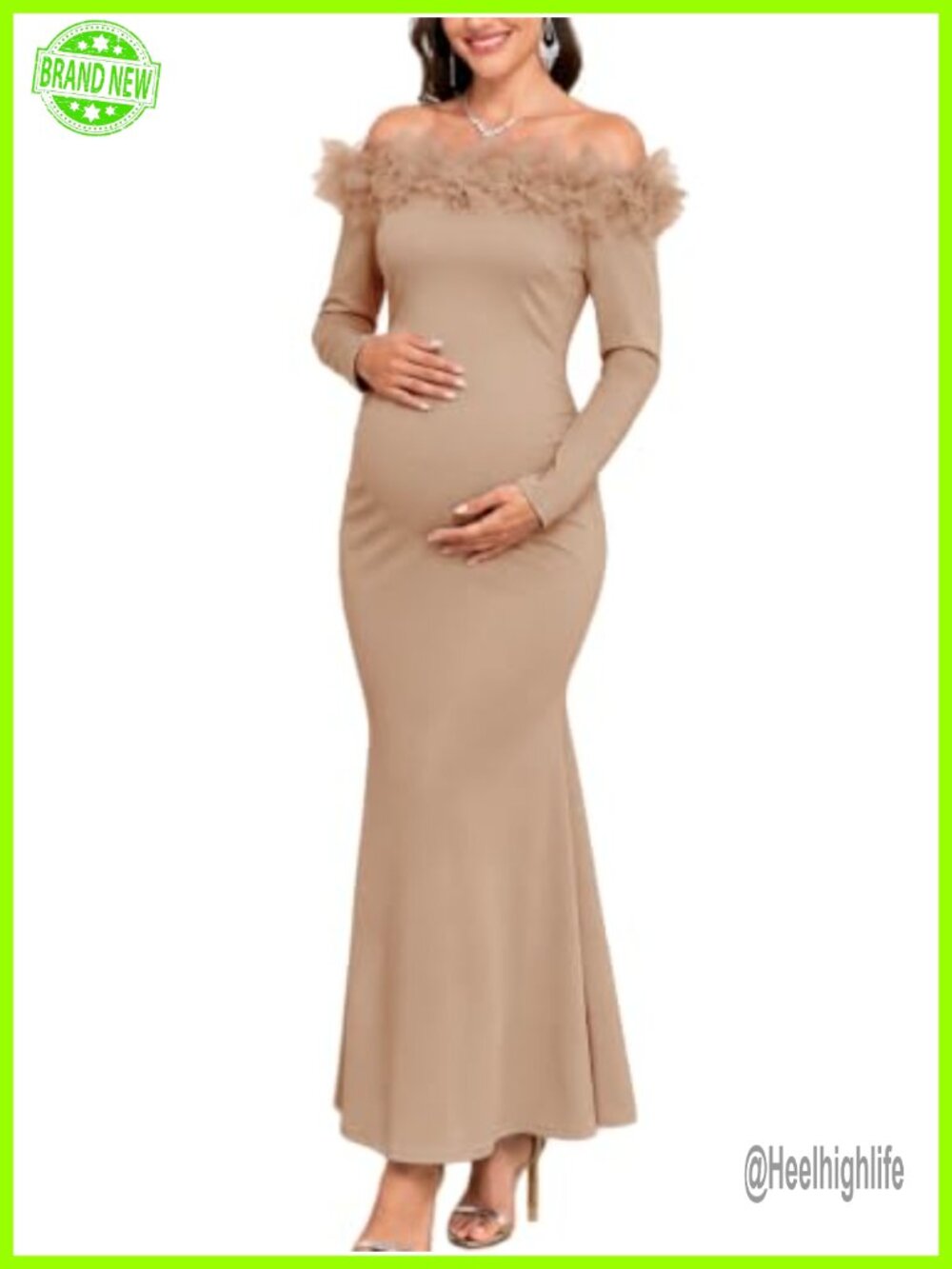 Maternity Baby Shower Dress Off Shoulder Long Sleeve 3D Floral Mermaid Maxi Gown